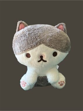 Plush Grey and White Cat Toy with Pink Paw Details - Soft Plush Kitty